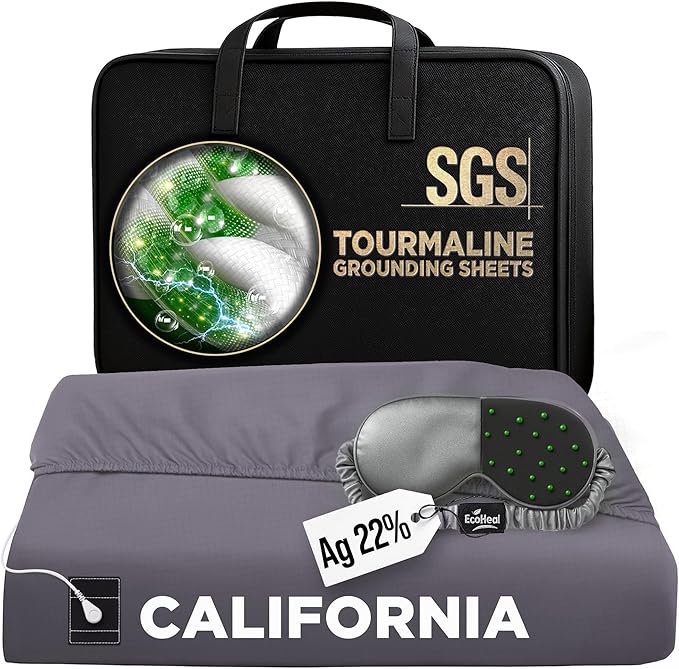 Luxury Tourmaline Grounding Sheets California 20% Silver Fiber, 76% Tourmaline Cotton, 4% Silk, SGS Quality Certified Grounded Well Bed Sheet - Conductive Earth Fitted Sheet for Better Sleep, Grey