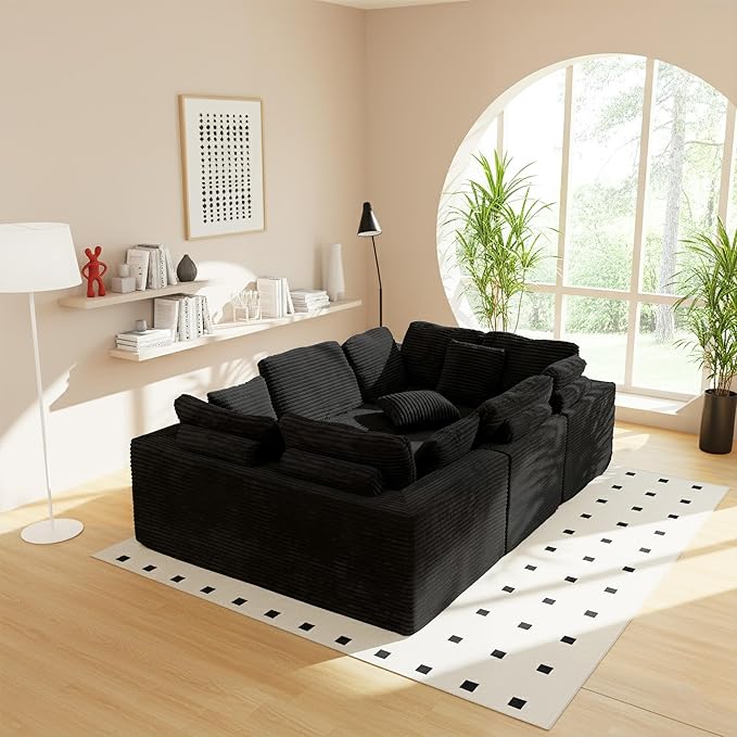 135.5" Cloud Sectional Couch,Boneless Corduroy Sofa for Living Room,Oversized U Shaped Sofa with Chaise,Deep Seat,No Assembly Required,Modular Sectional Couches（Black）