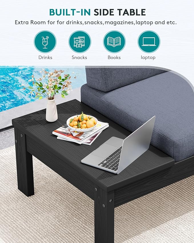 SERWALL HDPE Outdoor Loveseat Sofa, 2 Seats Patio Sofa, All-Weather Patio Conversation Sets with Adjustable Backrest Sofa for Backyard and Garden, Black Frame with Grey Cushion