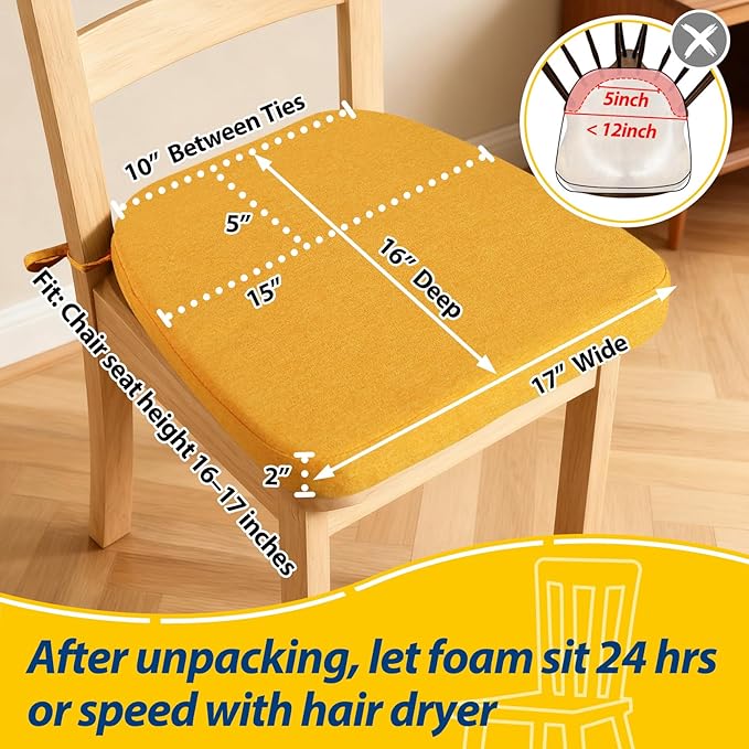AAAAAcessories D-Shaped Chair Cushions, 2" Thick Dining Chair Pads with Ties and Removable, Machine-Washable Cover, 17" x 16", Golden Yellow