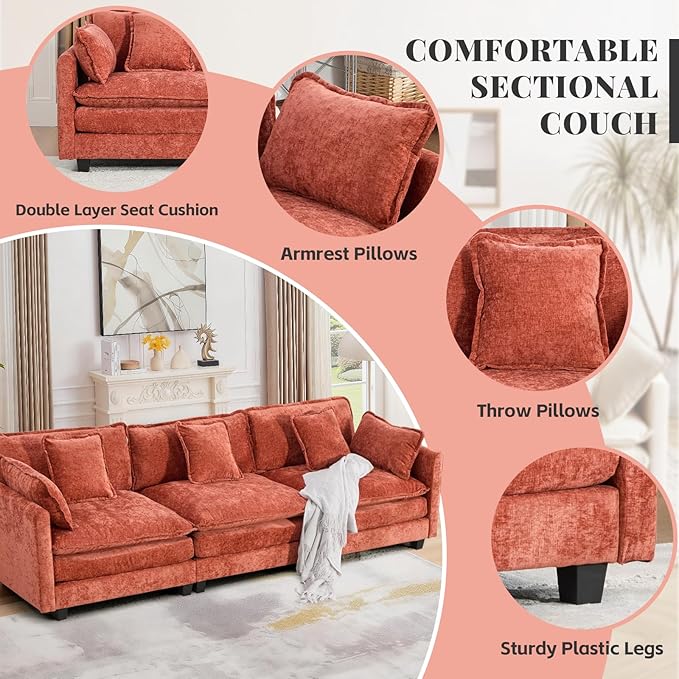 SoarFlash 113.78" Chenille Sectional Sofa, Comfy Modular Loveseat Sofa, Modern 3-Seat Couch Deep Seat Sofa Set for Living Room,Orange