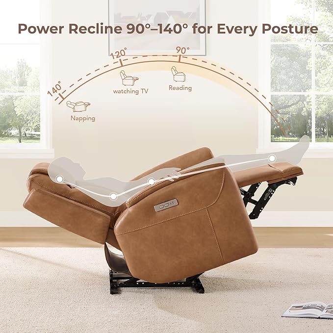 CHITA Power Recliner Chairs for Adults, Electric Leather Super Zero Gravity Recliner with USB & Type-C Charging Ports for Living Room, Bedroom & Home Theater Relaxation, Faux Leather in Camel