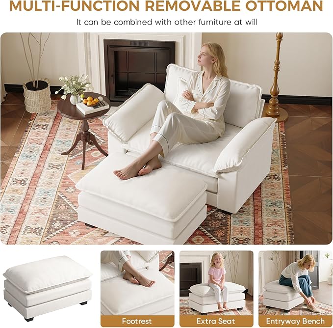 HUSFU Oversized Accent Chair with Ottoman, Cloud Couch Chair with Deep Seat and Extra Wide Armrests, Comfy Reading Armchair for Bedroom, Living Room, Beige