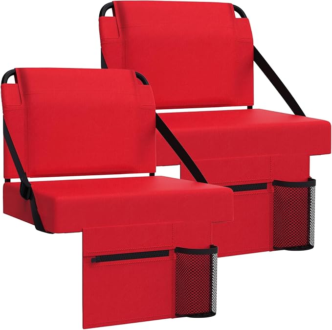 2pcs Stadium Seat for Bleachers with Back Support，Portable Bleacher Chairs with Back and Cushion，Includes Shoulder Strap and Cup Holder