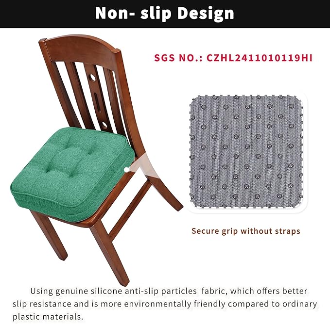 GOFORIT Memory Foam Cushion，Square Seat Cushions for Dining Chairs,Non-Slip Chair Pads with Removable Cover, 16'' x 16'', 2 Pack,Green