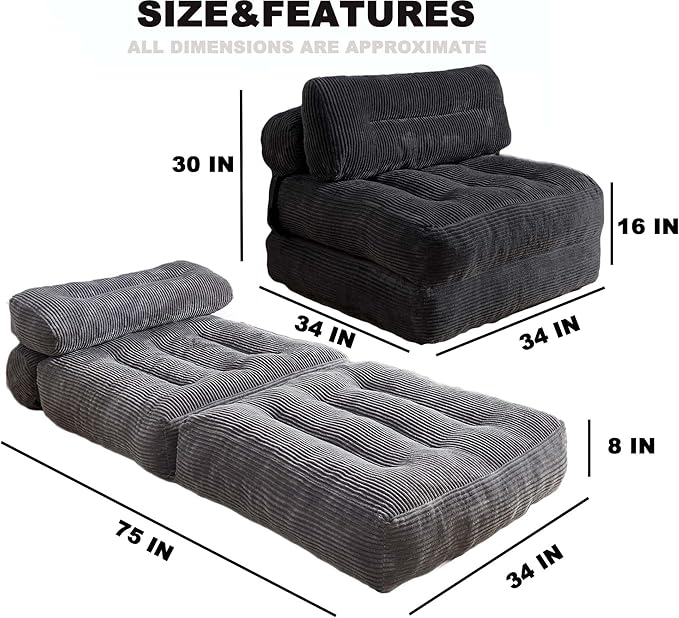 Kisoy Folding Sofa Bed, Convertible Sleeper Chair Couch Bed Faux Rabbit Fur for Adults, with Back Support Floor Couch Comfy Floor Sofa for Living Room Bedroom, Black, Single