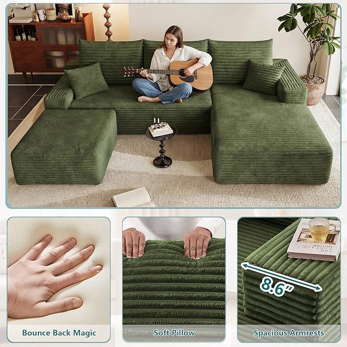 95" U-Shape Cloud Couch, Modern Modular Sectional L-Shape Sofa with Ottoman, Corduroy Upholstered Couches Deep Seat Sleeper Chaise Longue for Living Room, No Assembly Required(Green, Right Facing)