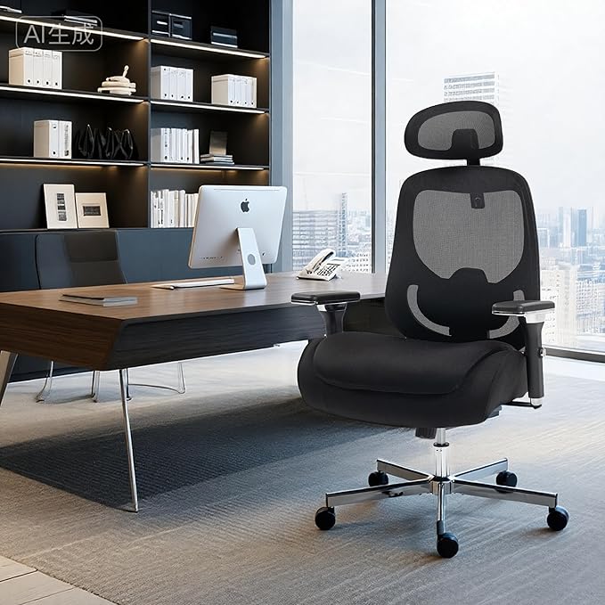 750 LBS Big and Tall Office Chair, Heavy Duty Executive Chair w/4D Arms, Ergonomic Computer Home Desk Chair, Swivel Mesh Chair w/2D Lumbar Support, Adjustable Headrest, Tilt Lock-Black