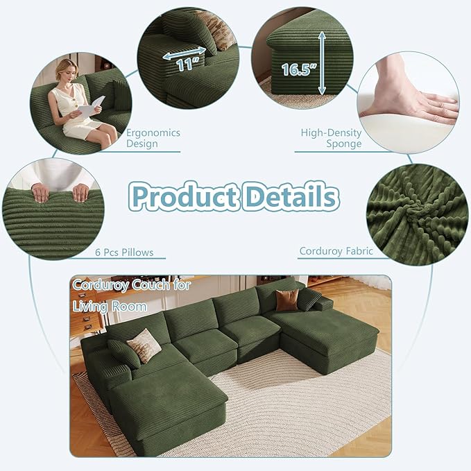 136" Cloud Sectional Couch with U-Shaped Chaise,Corduroy Viral Boneless Sofa with Ottoman,Memory Foam Couches in a Box with Deep Seat for Living Room,No Assembly Required (Green,Right-Facing Chaise)