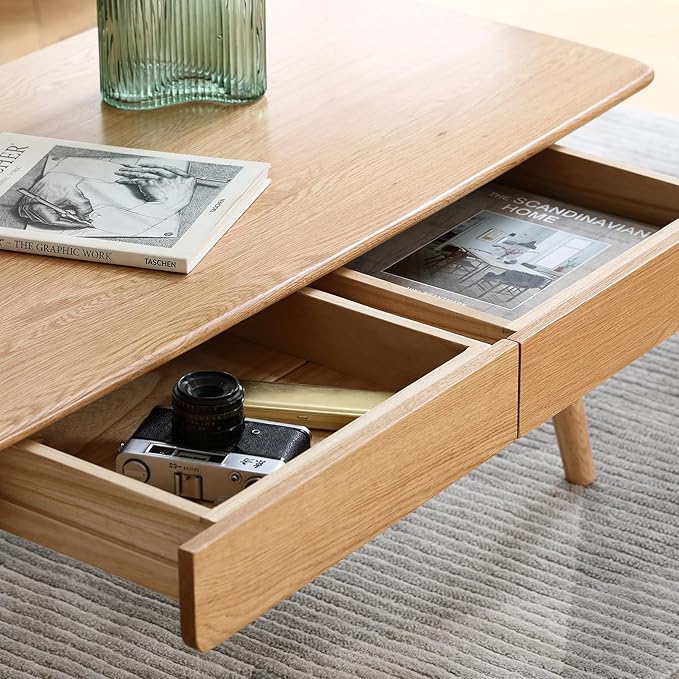 HanStrong 39.37" Center Coffee Table 100% Solid Wood Top Plate Desk Study Desk Work from Home with Storage Shelf,Oak