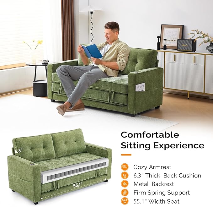 VINGLI Sofa Bed Full Size Pull Out Couch Bed Olive Green Futon Couch 64" W 84" L Loveseat Sleeper Floor Couches for Living Room Convertible Loveseat Sofa Foldable Sofa Bed