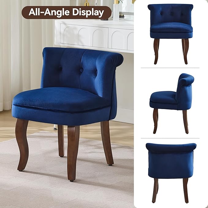 WUTUTUEE Velvet Vanity Chair with Back, Tufted Upholstered Vanity Stool with Solid Wood Legs, Mid Century Small Makeup Chair for Vanity, Accent Chair for Bedroom, Living Room, Navy