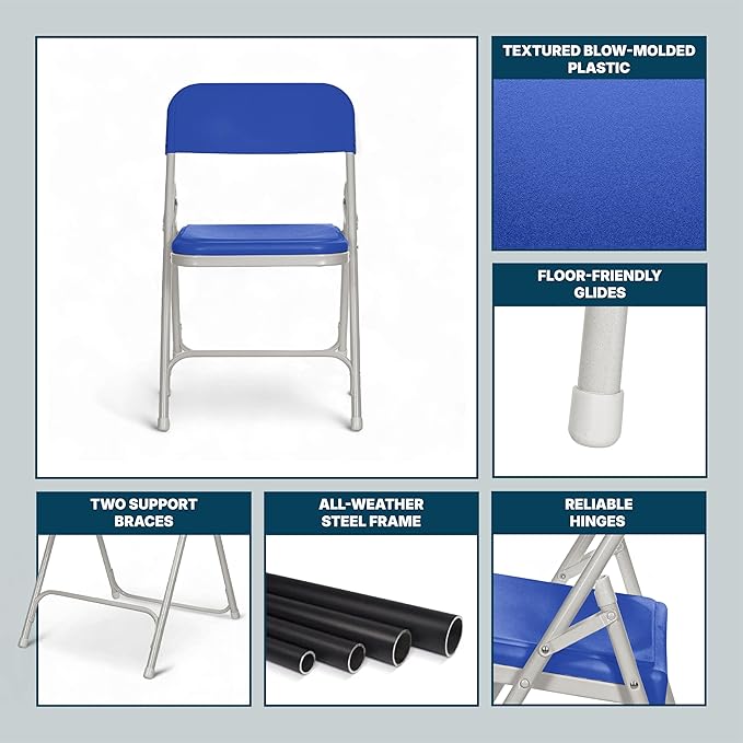 OEF Furnishings OEF800 Series Premium Heavy-Duty Plastic Folding Chairs, Lightweight, Durable Seating for Indoor and Outdoor Use, 500 lb Capacity (4-Pack, Blue Plastic with Gray Frame)