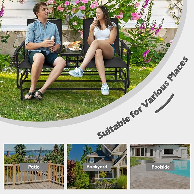 S AFSTAR 2-Person Outdoor Glider, Patio Glider Bench Chairs with Center Tempered Glass Table & Breathable Loveseat, Double Swing Glider Chair for Porch Garden Poolside Balcony Lawn (Black)