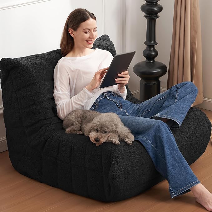 Bean Bag Chair Big Sofa Beanbag Chair for Adults Fireside Chair Bean Bag Lounger with Memory Foam Filled for Home,Apartment or Gaming Venue(Black Teddy)