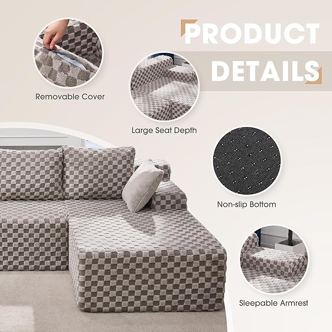 Modular Sectional Sofa Couches L-Shape Couch 3 Seat Modular Sofa Memory Foam Sectional Couches for Living Room, Cloud Couch with Oversized Chaise (Grey Check, 96" Right Facing Chaise)