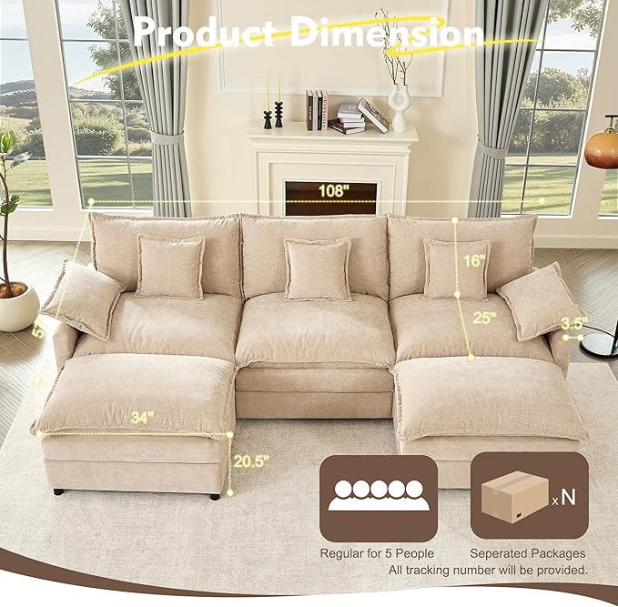 GOSUHI 108" U Shaped Couch, Modular Sectional Sofa, 3-Seater Comfy Cloud Couch with Movable Ottoman, Deep Seat Couches for Living Room, Chenille, Flat White