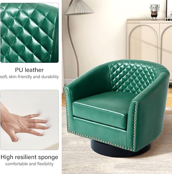 DREAMSIDEA Swivel Barrel Accent Chair, Comfy Modern Upholstered Round Faux Leather Arm Chair for Living Room, Bedroom（Green, Set of 1