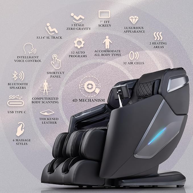 4D Massage Chair, Full Body Massage Chair, Zero Gravity Recliner w/ Intelligent Voice Control, 53.14" SL Track, Electric Calfrest Extension, 12 Auto Modes, USB Type-C, Bluetooth Speaker, TFT Screen