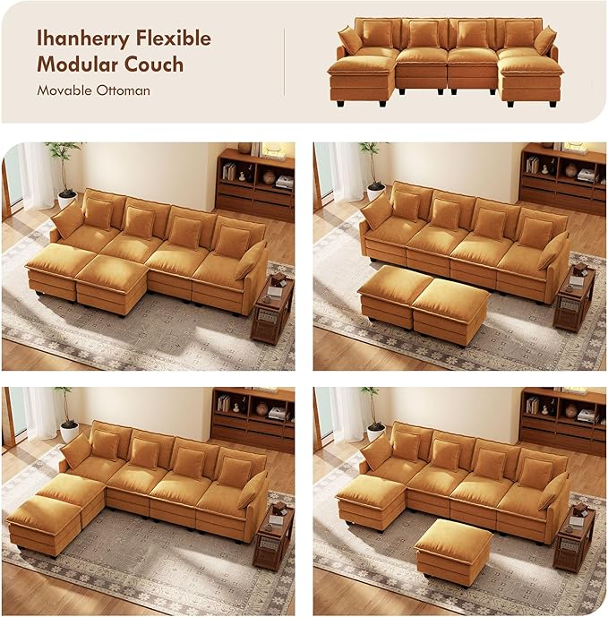 Ihanherry U Shaped Modular Sectional Cloud Sofa, 106" Modern 6 Seat Chenille Couch with Ottoman for Living Room, Bedroom and Apartment, Orange