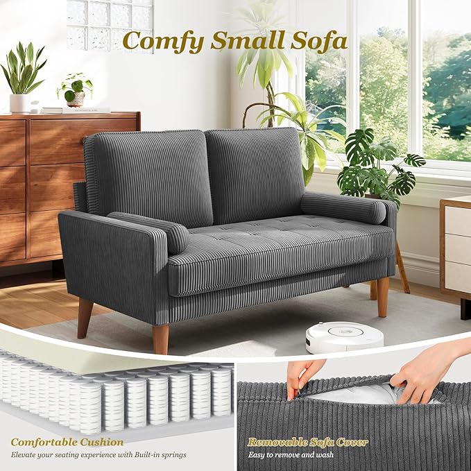 Loveseat Sofa with Solid Wood Legs,48" Small Corduroy Couches for Small Spaces, Mid Century Modern Love Seat for Living Room, Bedroom, Easy Assembly with Throw Pillow, Grey