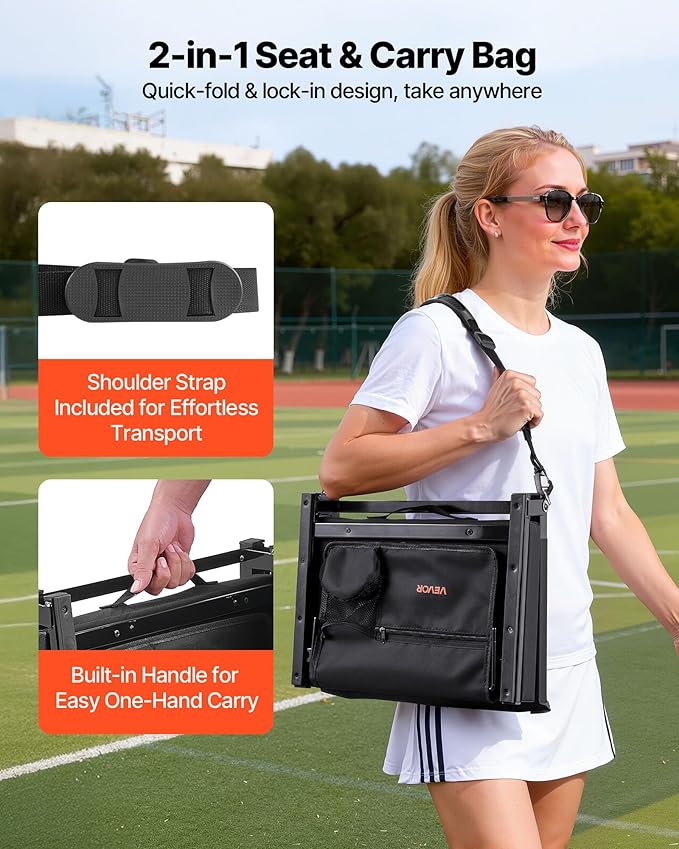 VEVOR Stadium Seat, Folding Bleacher Seat with Back Support and Thick Cushion, Padded Stadium Seats for Bleacher Includes Shoulder Strap, Hooks, Cup Holder, and Side Pocket, Black Bleachers Chair