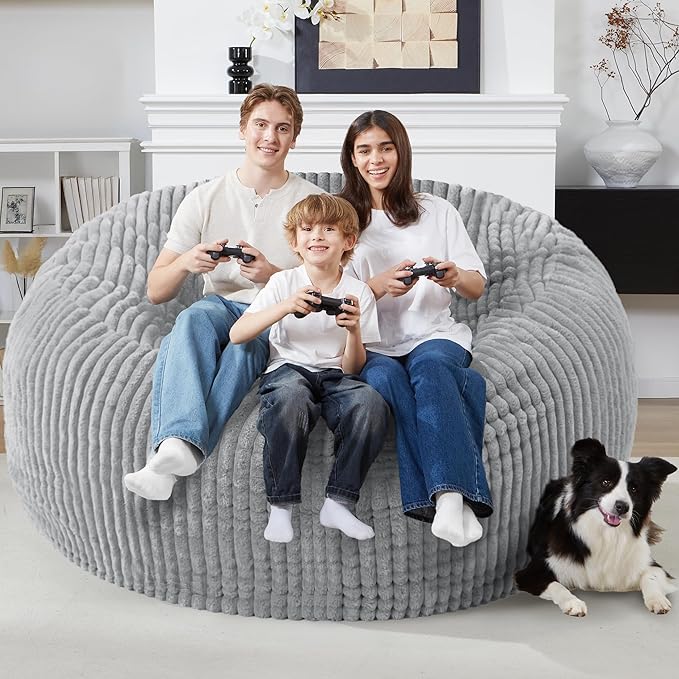 Homguava 6 FT Bean Bag Chair,6' Big Bean Bag,Giant Bean Bag Chairs for Adults with Memory Foam Filled,Comfy Large Beanbag Chairs Soft Bean Bag Sofa with Dutch Corded Plush Cover-Light Grey