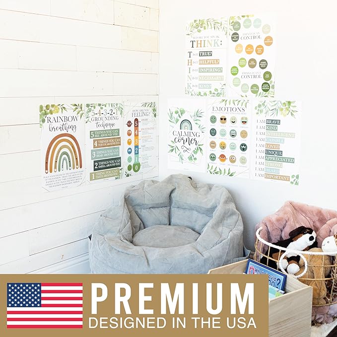 Hadley Designs 8 Calming Corner Posters for Classroom Must Haves for Teachers - 11x17 Calm Down Corner Supplies, Feelings Chart for Kids Ages 4-8, Toddler Emotions Chart, Greenery Classroom Decor