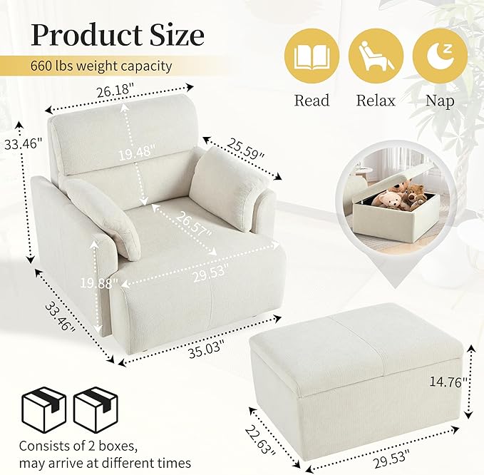 QKFF Modern Oversized Accent Chair with Storage Ottoman & Side Pillows, Snowflake Fleece Upholstered Chaise Lounge Chair, Deep Seat Reading Chair for Living Room, 350lbs Capacity