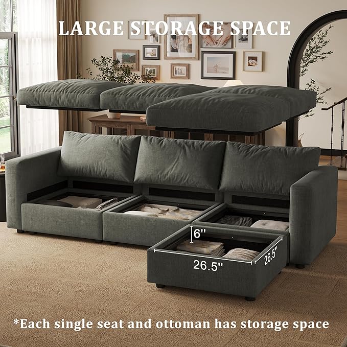 Cloud Modular Sectional Sleeper Sofa with Storage Ottoman, 99" Oversized Sectional Couches for Living Room, Cloud Modular Sleeper Sofa with Chaise, 6 Seater, Chenille, Dark Gray