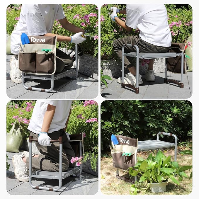 Tovve Upgraded Garden Kneeler and Seat with Thicken & Widen Soft Kneeling Pad, Heavy-Duty Foldable Garden Stool with Large Garden Tool Bag, Portable Garden Bench Gardening Gifts for Women, Seniors