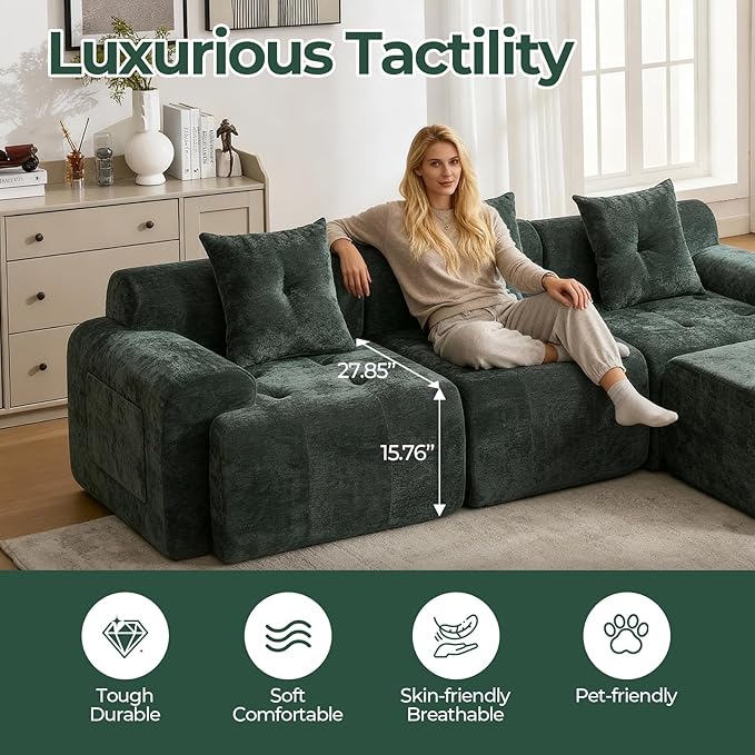 YAAREE 101.65” Modular Sectional Couch for Living Room, 3-Seater Cloud Sofa with Deep Seat, Woven Texture Upholstery Boneless Couch, No Assembly, Green