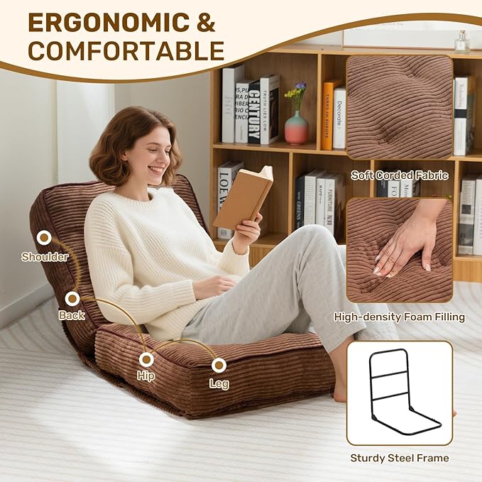 HollyHOME Adjustable Floor Chair, Folding Lazy Sofa Recliner with 5-Position Backrest, Thick Cushion, Detachable Cover & Handle, Comfy Accent Chair for Bedroom, Meditation, Gaming, Coffee