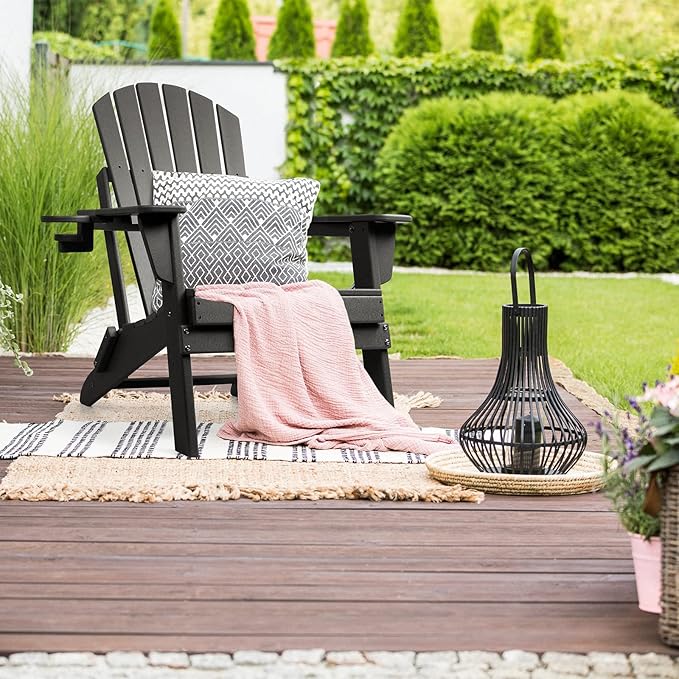 FUNBERRY Folding Adirondack Chair, All Weather HDPE Fire Pit Chairs with Cup Holder for Outdoor