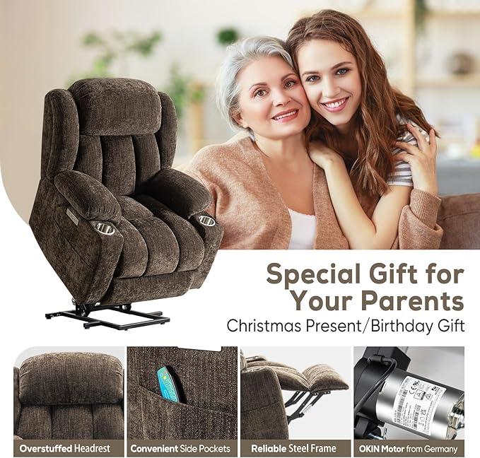 ABCASA Large Power Lift Chairs Recliners for Elderly with Heat ＆ Massage, Upgraded Chenille Recliners, USB-A ＆ C, Cup Holder, Side Pocket, Brown