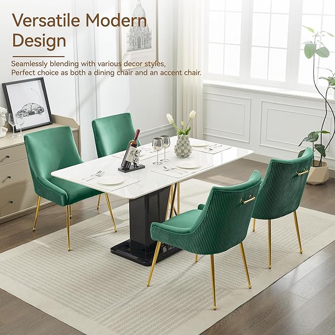 WUTUTUEE Velvet Dining Chairs Set of 2 Gold Legs,Upholstered Velvet Accent Chairs, Pleated Back Design & Gold Pull Handle, Mid Century Modern Chairs for Dining/Kitchen/Living Room,Green