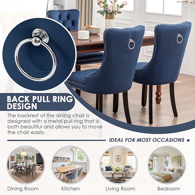 Kiztir Velvet Dining Chairs Set of 6, Upholstered Dining Room Chairs with Ring Pull Trim and Button Back, Luxury Tufted Dining Chairs for Living Room, Bedroom, Kitchen (Blue)