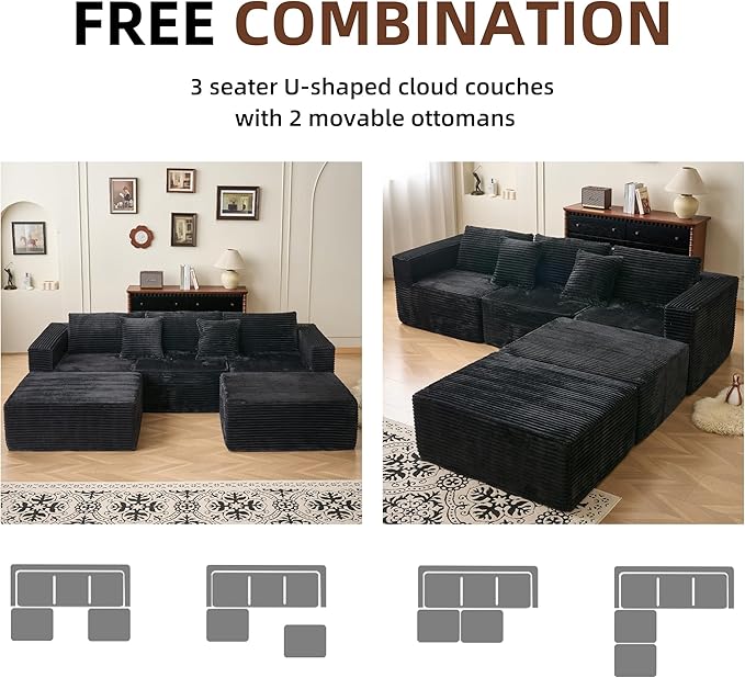 110" Modular Sectional Couch with 2 Movable Ottoman, Cloud Sofa Couches for Living Room, U Shaped Deep Seat Boneless Sofa,Luxury Corduroy Fabric, No Assembly Required