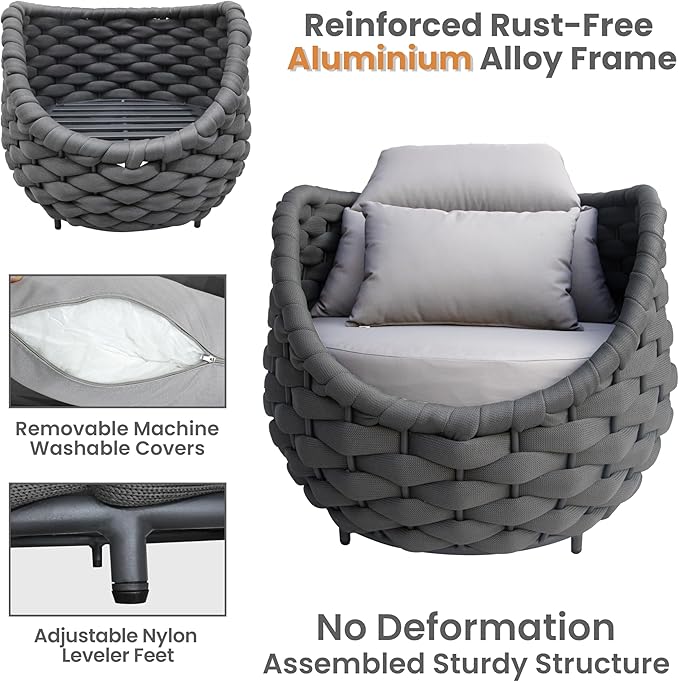 Erotr Metal Outdoor Conversation Sets: 5-Piece Aluminum Patio Furniture Set - Woven Rope Porch Sofa Set w/Coffee Table Cushions - Assembled Modern Lounge Couch for Deck Garden Yard Pool Hotel Resort