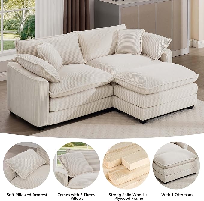 Aoowow Corduroy Loveseat Couch with Ottoman,Modern 2 Seater Cloud Couches for Living Room,Modular Sectional Cloud Sofas Deep Seat,Large L-Shaped Couch for Small Spaces (Beige, 2 Seater + 1 Ottoman)