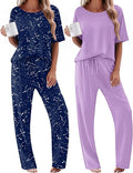 Ekouaer 2 Pack Womens Pajama Sets Short Sleeve Tops and Long Pants Casual Comfy Pjs Lounge Set with Pockets,S-XXL