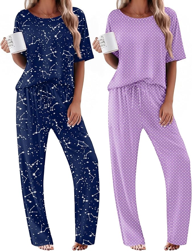 Ekouaer 2 Pack Womens Pajama Sets Short Sleeve Tops and Long Pants Casual Comfy Pjs Lounge Set with Pockets,S-XXL