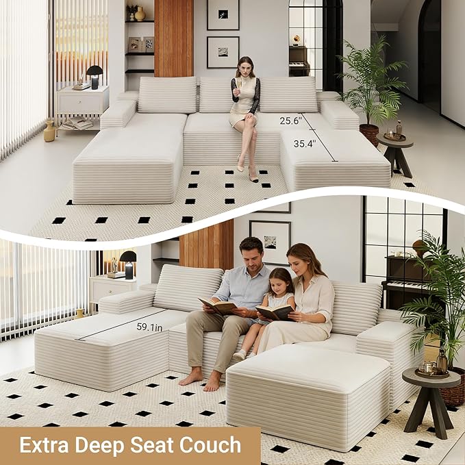 KAPEETOO U Shaped Boneless Sectional Couch with Chaise Ottoman, Giant Cloud Modular Sectional Sofa with Deep Seat, Oversize 3-Seater Boneless Couch for Living Room Bedroom Left Facing Chaise (White)