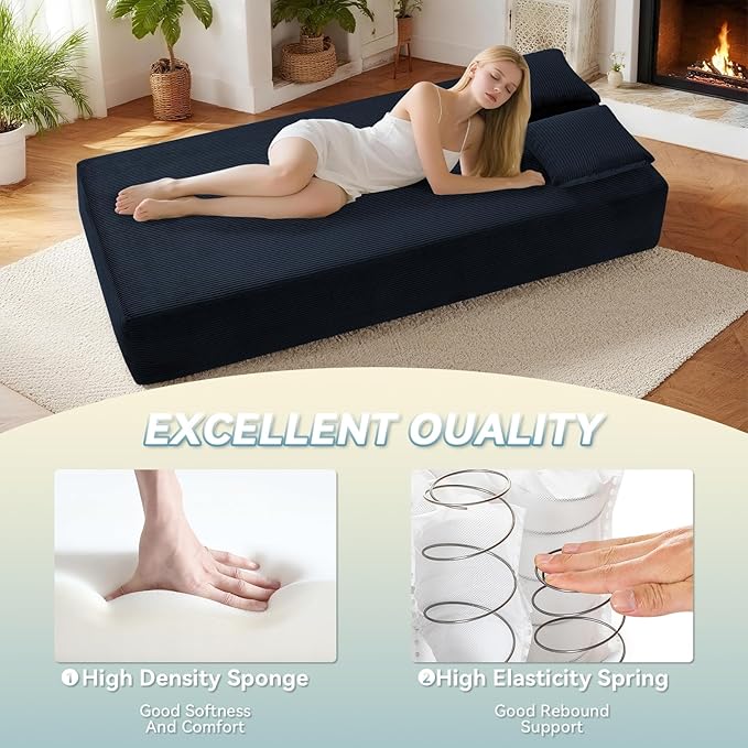 GJQ 83" 3 Seater Sofa Bed,Corduroy Sofa in a Box with 4 Pillows & Storage Pocket,Boneless Couch for Living Room,Convertible Couch Bed,No Assembly Required,Navy Blue