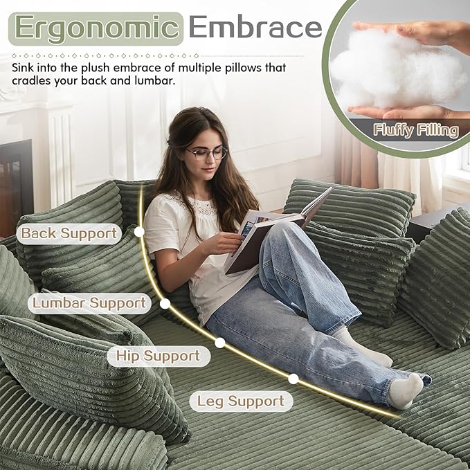 78-inch Oversized Round Chaise Lounge Chair Indoor, Convertible Folding Sofa Bed w/ 10 Pillows, Fluffy Corduroy Boneless Compressed Memory Foam Couch for Living Room, Bedroom (Green, Left & Right)
