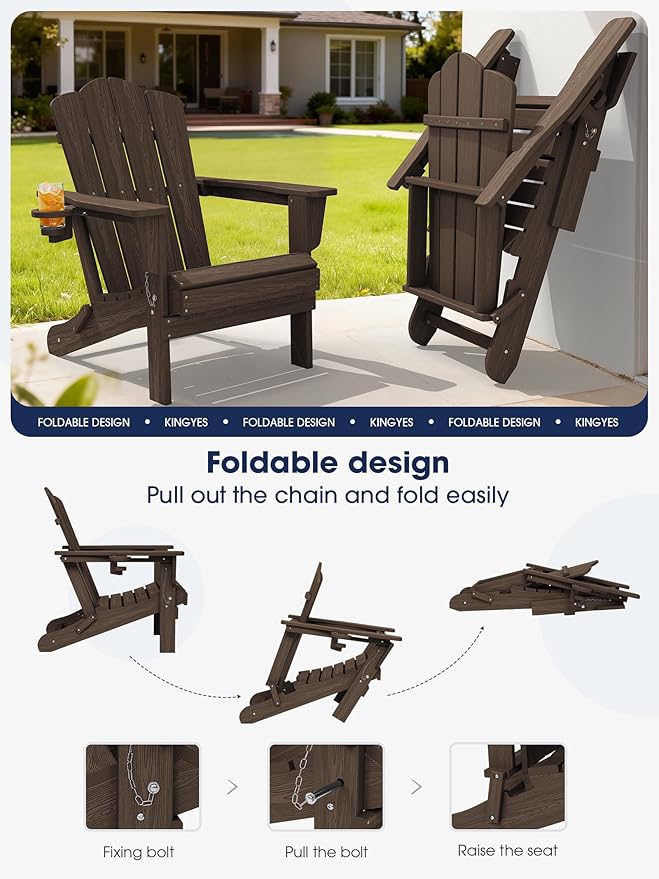 KINGYES Folding Adirondack Chair Set of 4, HDPE All-Weather Folding Adirondack Chair, Coffee