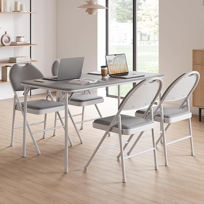 GAOMON 4 Pack Folding Card Chairs, Thickened Padded PU Cushion, Metal Legs and Non-Slip Feet Pads, Portable Stackable Commercial Seat for Events, Office, Wedding, Party, Gray