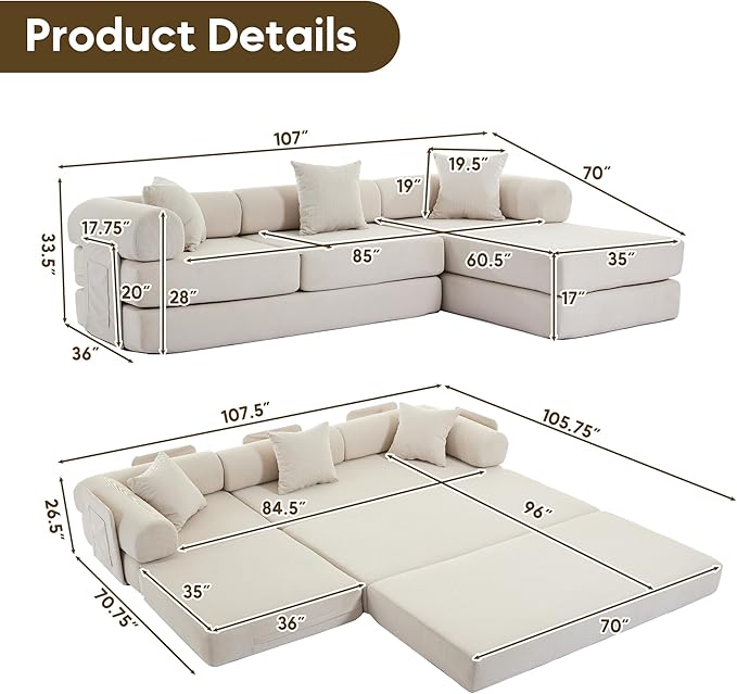 L Shaped Convertible Modular Sofa Bed with Cylindrical Pillow & Reversible Chaise, Corduroy Folding Floor Sofa Couch Bed with Fixed-Shape Frame & Storage Pocket for Living Room, Beige