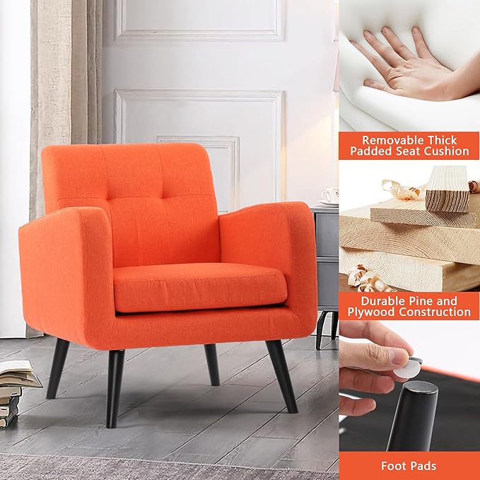 LSSPAID Modern Accent Chairs, Upholstered Fabric Cozy Armchairs, Living Room Side Chair with Solid Wood Legs, Orange