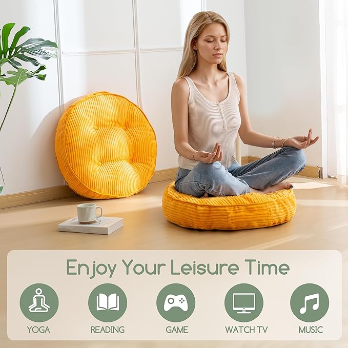 Washable Floor Pillow Cushion for Adults, Meditation Cushion Pillow, Large Round Floor Sitting, Removable Tufted Corduroy Cover, for Tatami Living Room or Yoga, 22x22 Inch, 2Pack, Machine Washable